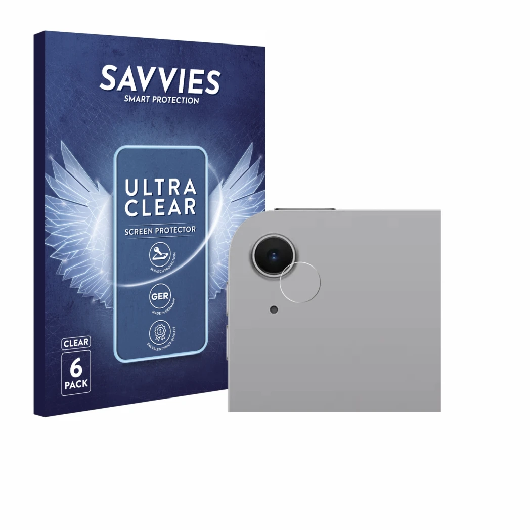 Parte frontale di una confezione del prodotto con il logo del marchio Savvies. Accanto è raffigurato il dispositivo Apple iPad