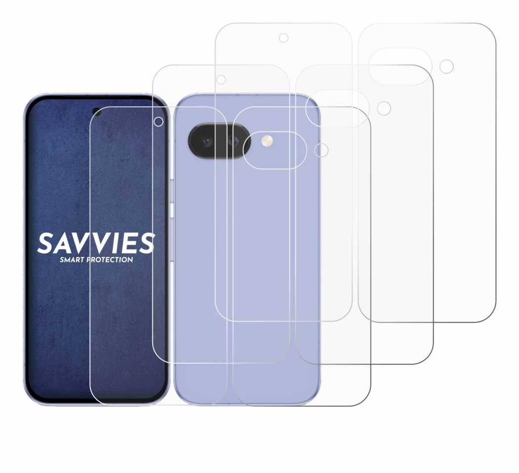 Immagine del dispositivo Google Pixel 9a (Fronte+Retro) con un'ampia varietà di protezioni per lo schermo.