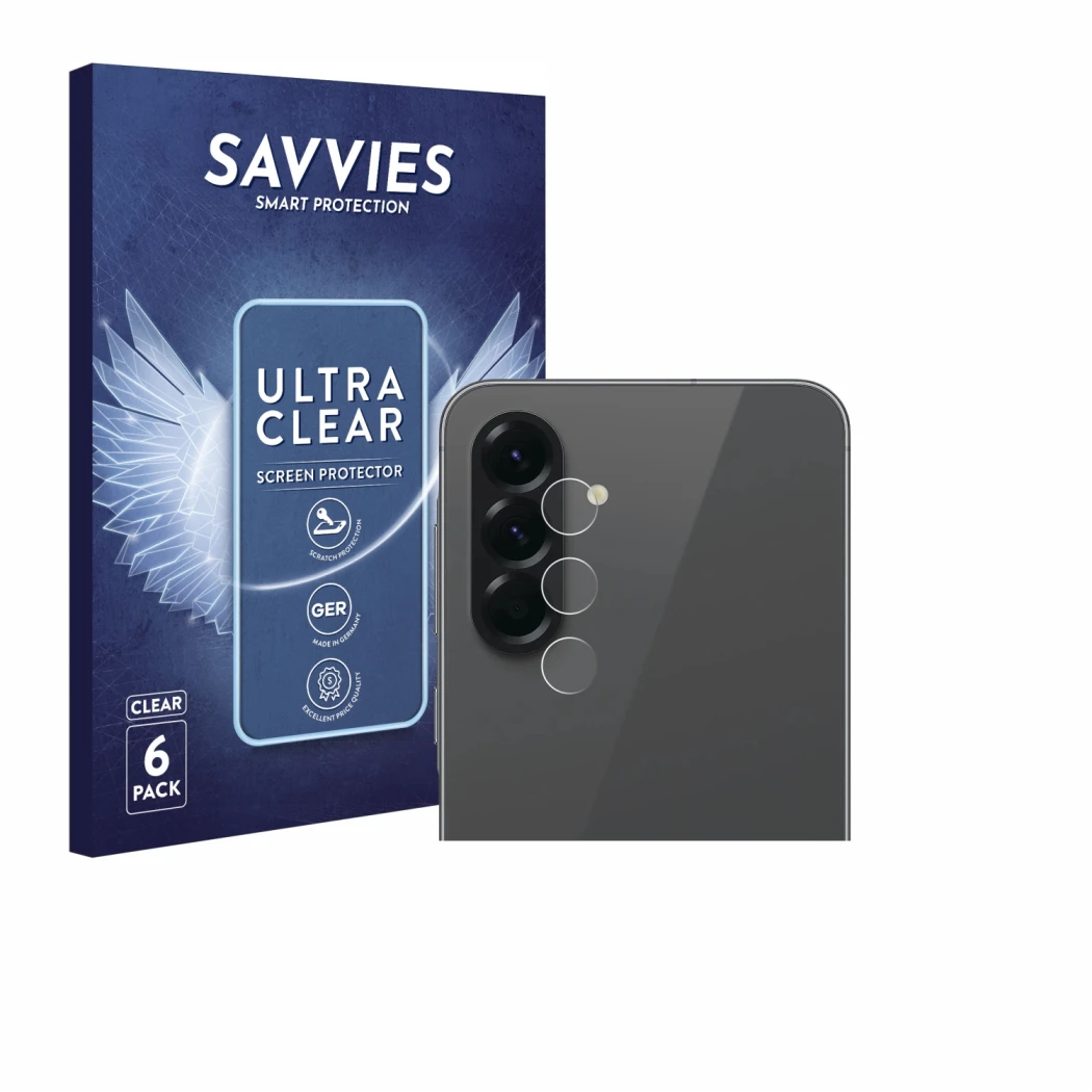 Parte frontale di una confezione del prodotto con il logo del marchio Savvies. Accanto è raffigurato il dispositivo Samsung Ga