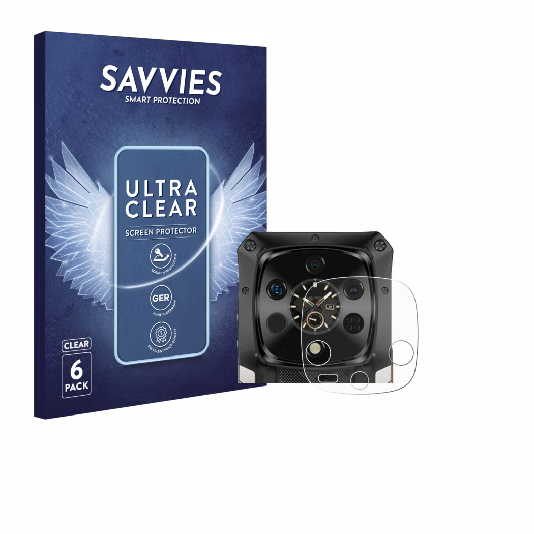 Parte frontale di una confezione del prodotto con il logo del marchio Savvies. Accanto è raffigurato il dispositivo Ulefone Ar