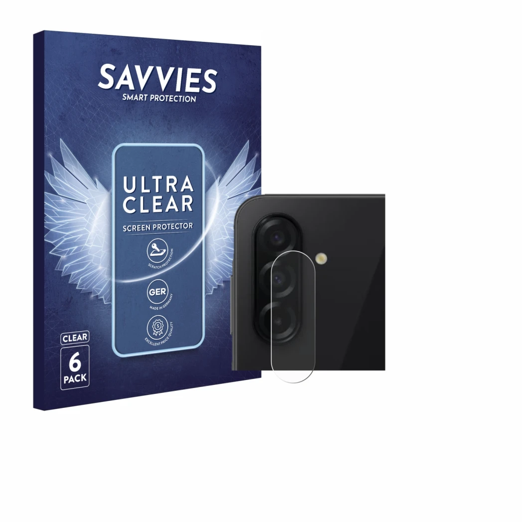 Parte frontale di una confezione del prodotto con il logo del marchio Savvies. Accanto è raffigurato il dispositivo Samsung Ga