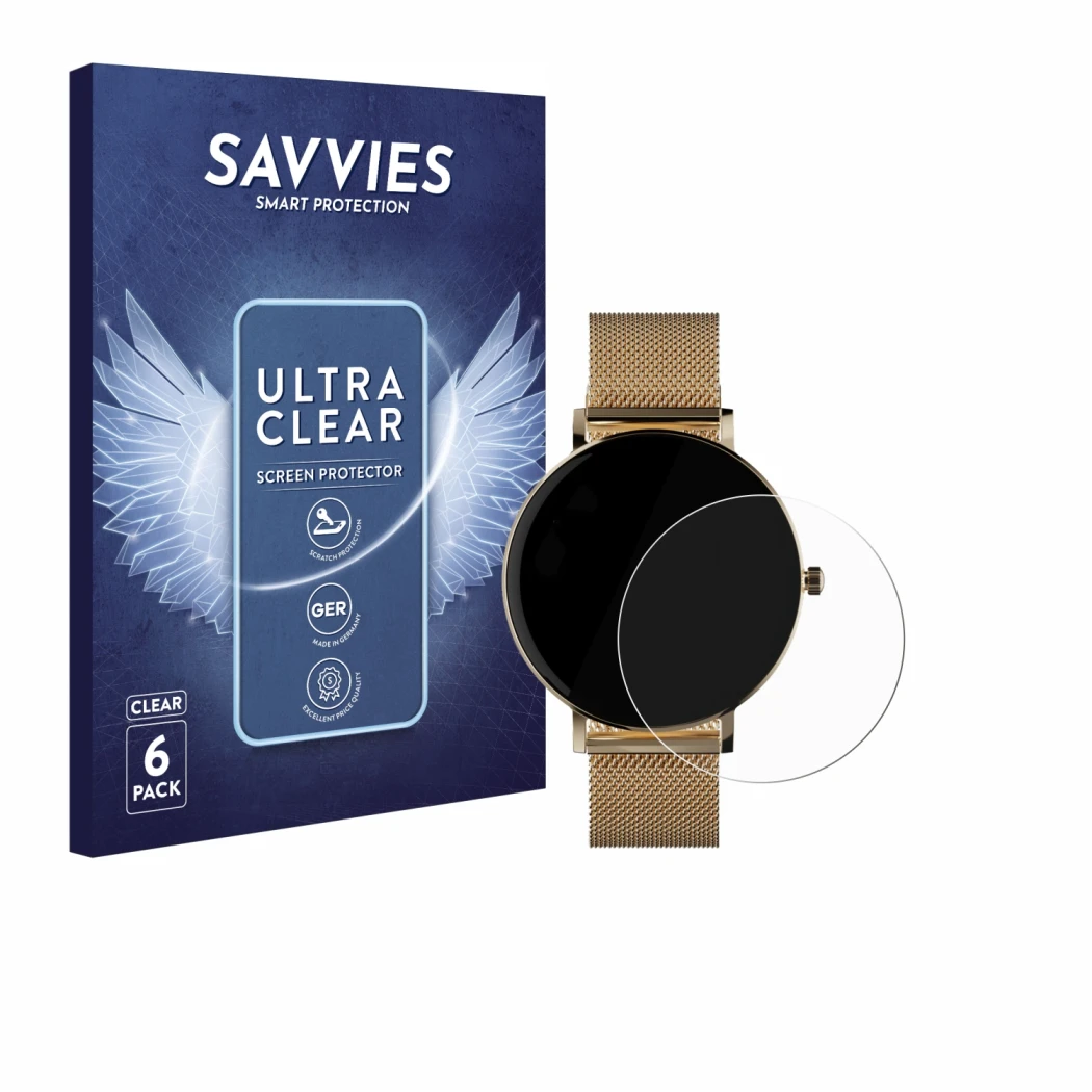 Parte frontale di una confezione del prodotto con il logo del marchio Savvies. Accanto è raffigurato il dispositivo ZenWatch V