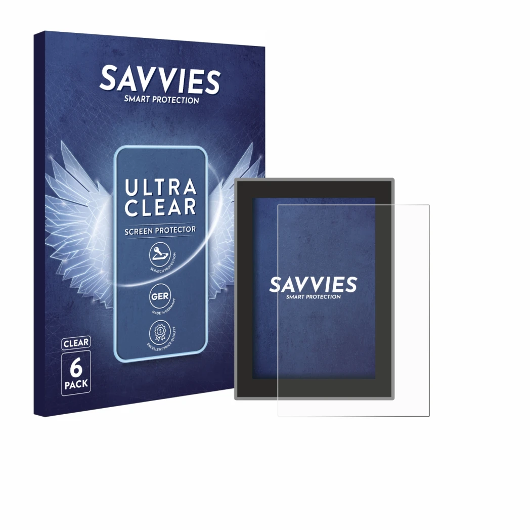 Parte frontale di una confezione del prodotto con il logo del marchio Savvies. Accanto è raffigurato il dispositivo Volvo S90 
