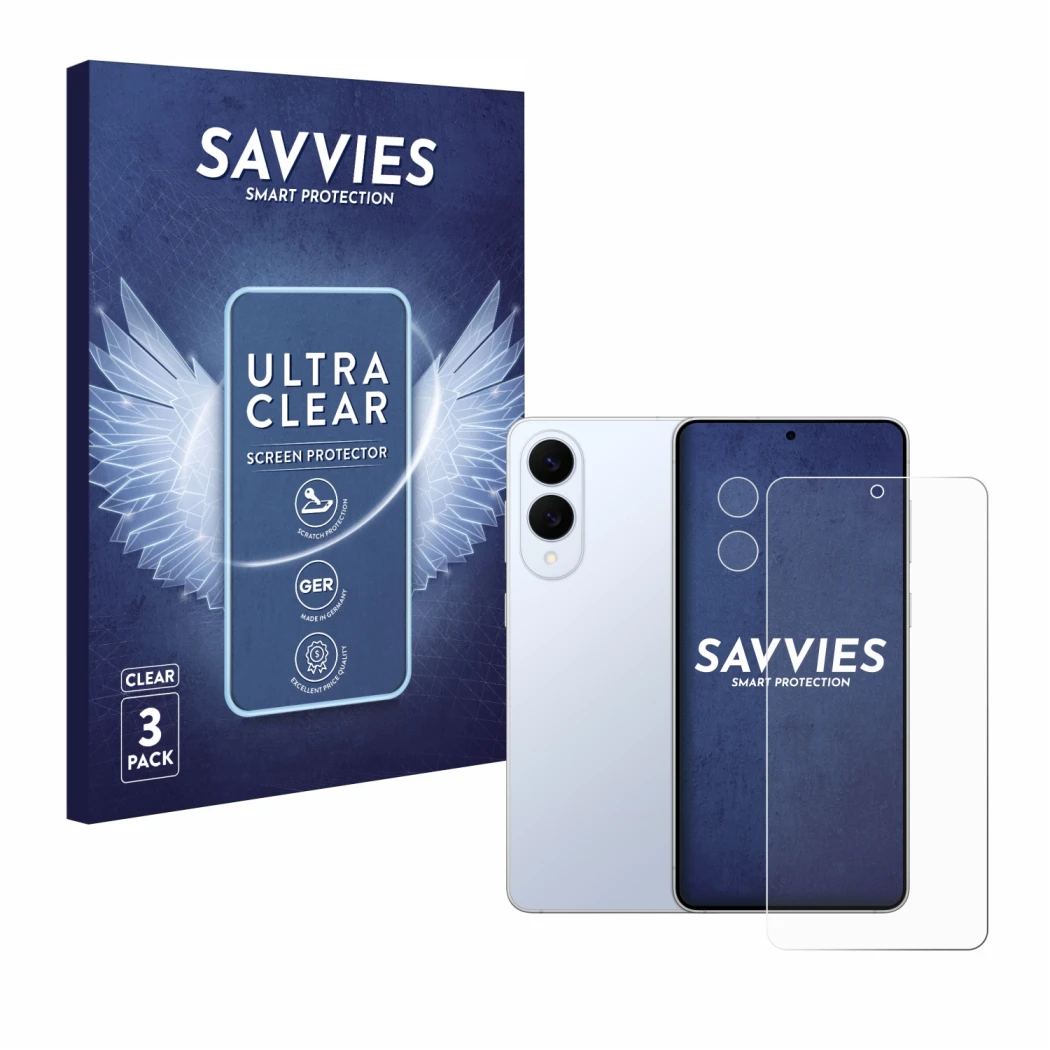 Parte frontale di una confezione del prodotto con il logo del marchio Savvies. Accanto è raffigurato il dispositivo Samsung Ga
