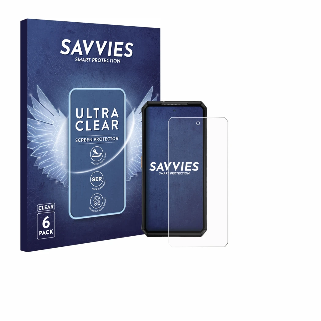 Parte frontale di una confezione del prodotto con il logo del marchio Savvies. Accanto è raffigurato il dispositivo Ulefone Ar