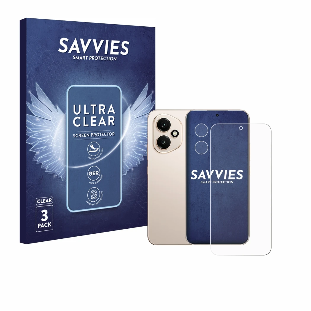 Parte frontale di una confezione del prodotto con il logo del marchio Savvies. Accanto è raffigurato il dispositivo Honor 400 