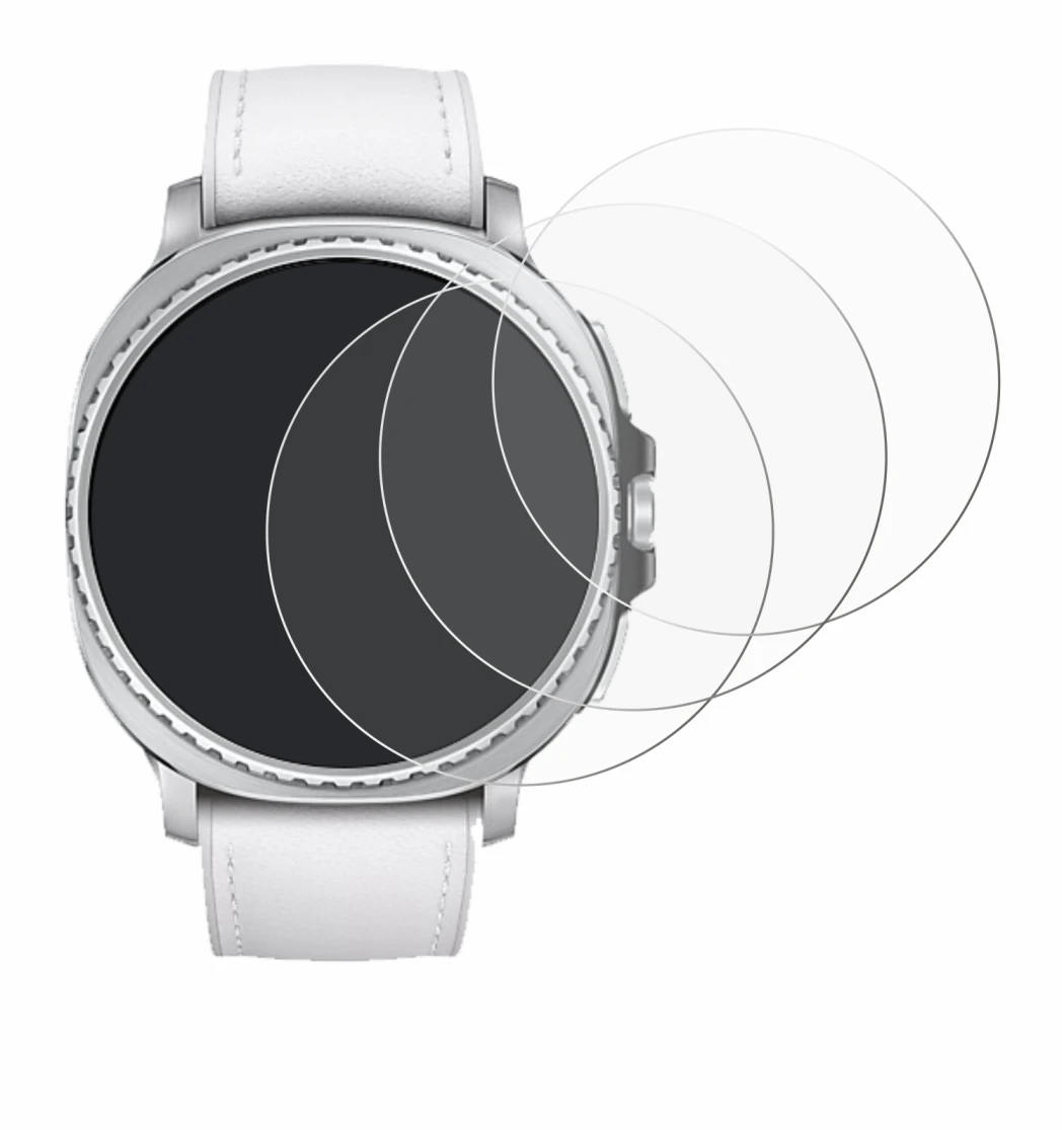Immagine del dispositivo Samsung Galaxy Watch 8 Classic (46 mm) con un'ampia varietà di protezioni per lo schermo.