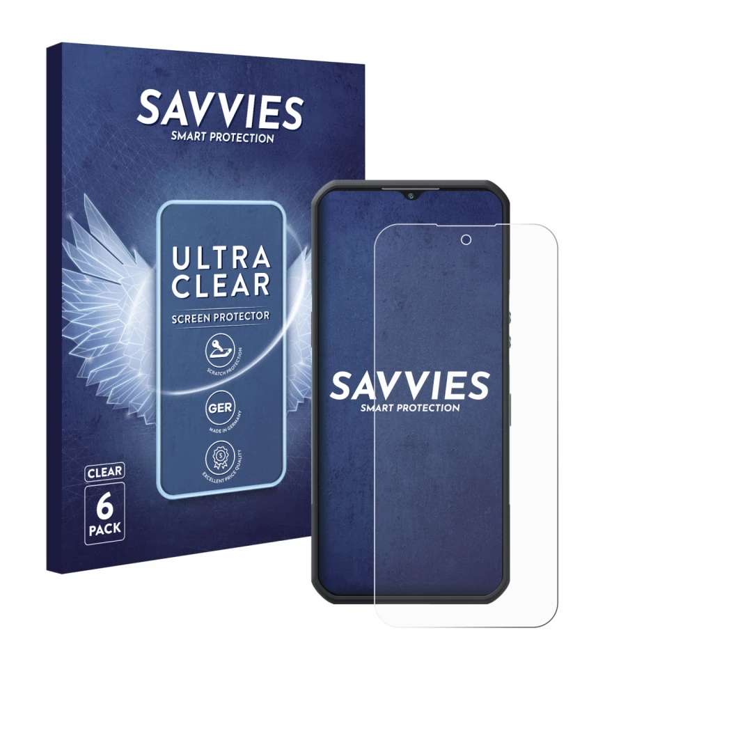 Parte frontale di una confezione del prodotto con il logo del marchio Savvies. Accanto è raffigurato il dispositivo Oukitel WP