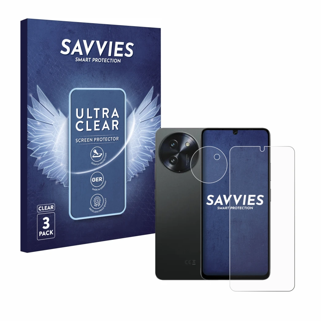 Parte frontale di una confezione del prodotto con il logo del marchio Savvies. Accanto è raffigurato il dispositivo Doogee Not