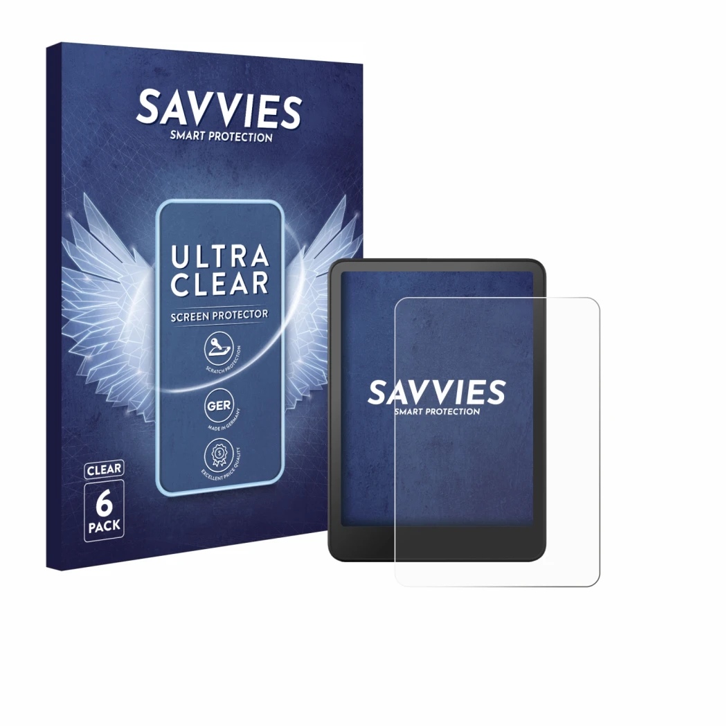 Parte frontale di una confezione del prodotto con il logo del marchio Savvies. Accanto è raffigurato il dispositivo Amazon Kin