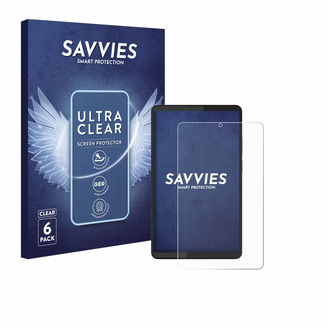 Parte frontale di una confezione del prodotto con il logo del marchio Savvies. Accanto è raffigurato il dispositivo Lenovo Tab