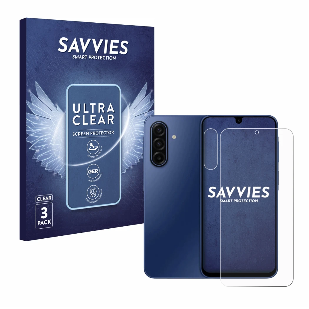 Parte frontale di una confezione del prodotto con il logo del marchio Savvies. Accanto è raffigurato il dispositivo Samsung Ga