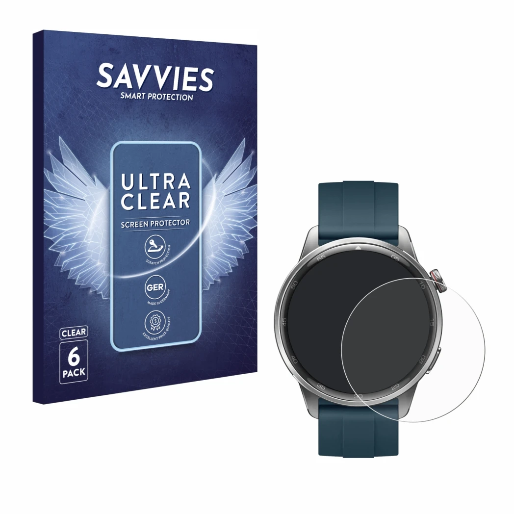 Parte frontale di una confezione del prodotto con il logo del marchio Savvies. Accanto è raffigurato il dispositivo realme Wat