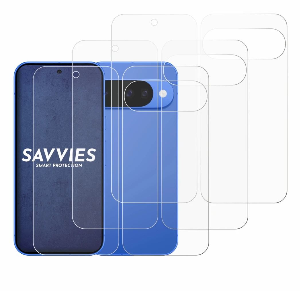 Immagine del dispositivo Google Pixel 10 (Fronte+Retro) con un'ampia varietà di protezioni per lo schermo.