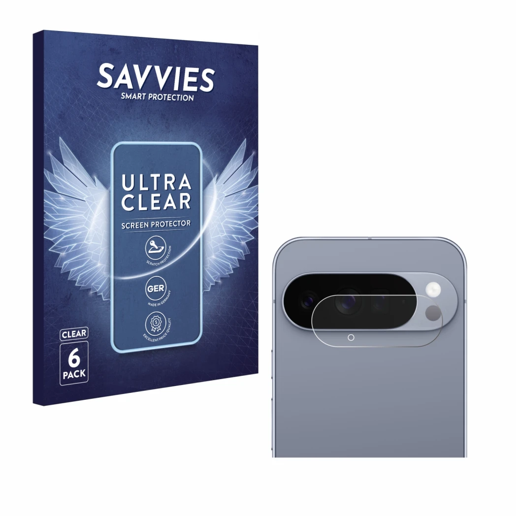 Parte frontale di una confezione del prodotto con il logo del marchio Savvies. Accanto è raffigurato il dispositivo Google Pix