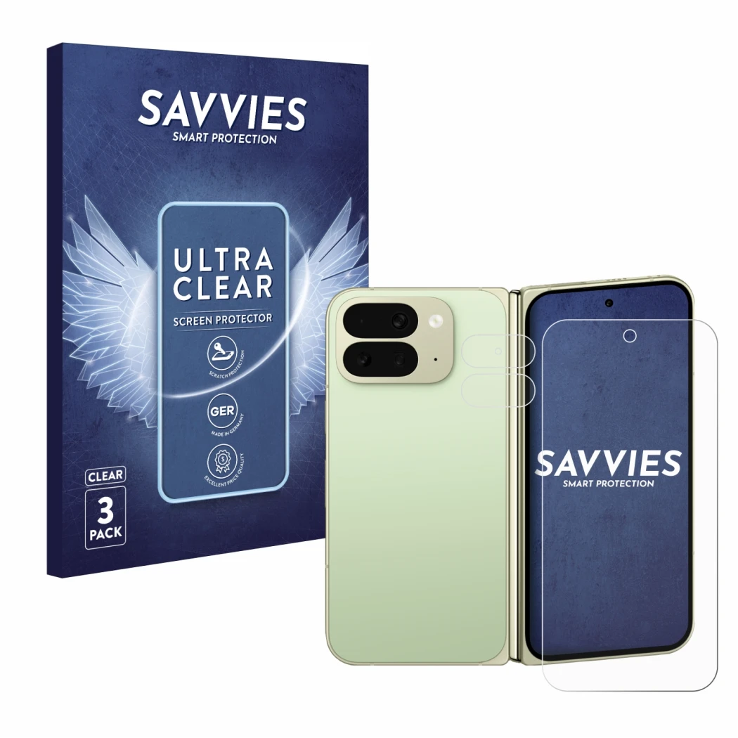 Parte frontale di una confezione del prodotto con il logo del marchio Savvies. Accanto è raffigurato il dispositivo Google Pix