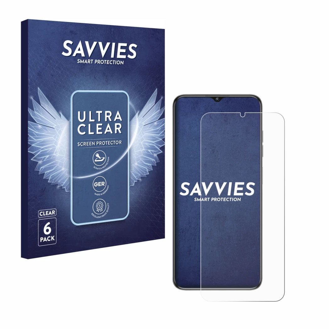 Parte frontale di una confezione del prodotto con il logo del marchio Savvies. Accanto è raffigurato il dispositivo Oukitel C1