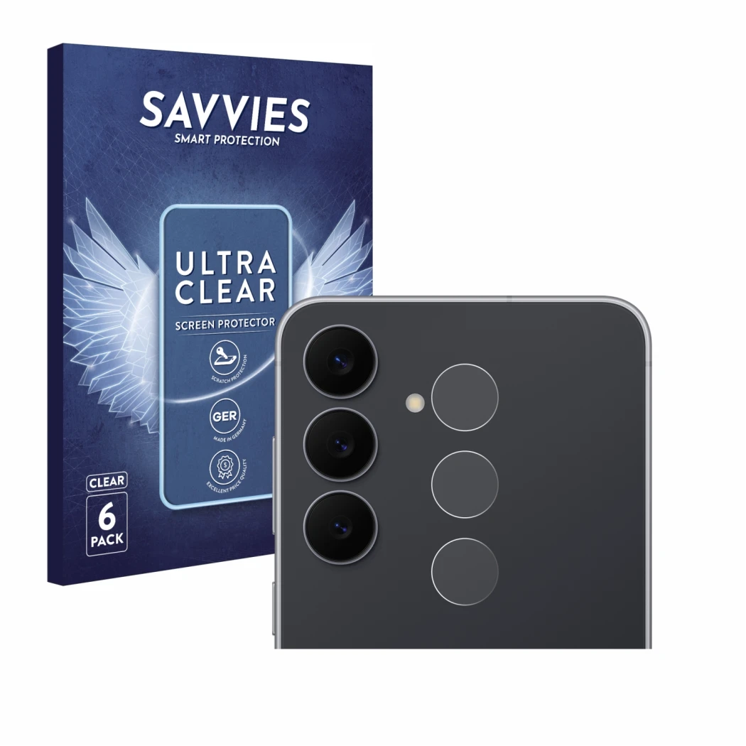 Parte frontale di una confezione del prodotto con il logo del marchio Savvies. Accanto è raffigurato il dispositivo Samsung Ga