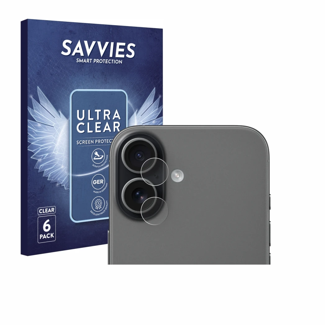 Parte frontale di una confezione del prodotto con il logo del marchio Savvies. Accanto è raffigurato il dispositivo Apple iPho