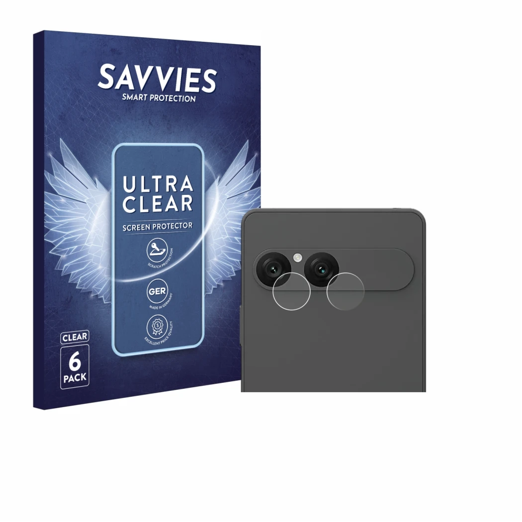 Parte frontale di una confezione del prodotto con il logo del marchio Savvies. Accanto è raffigurato il dispositivo Sony Xperi