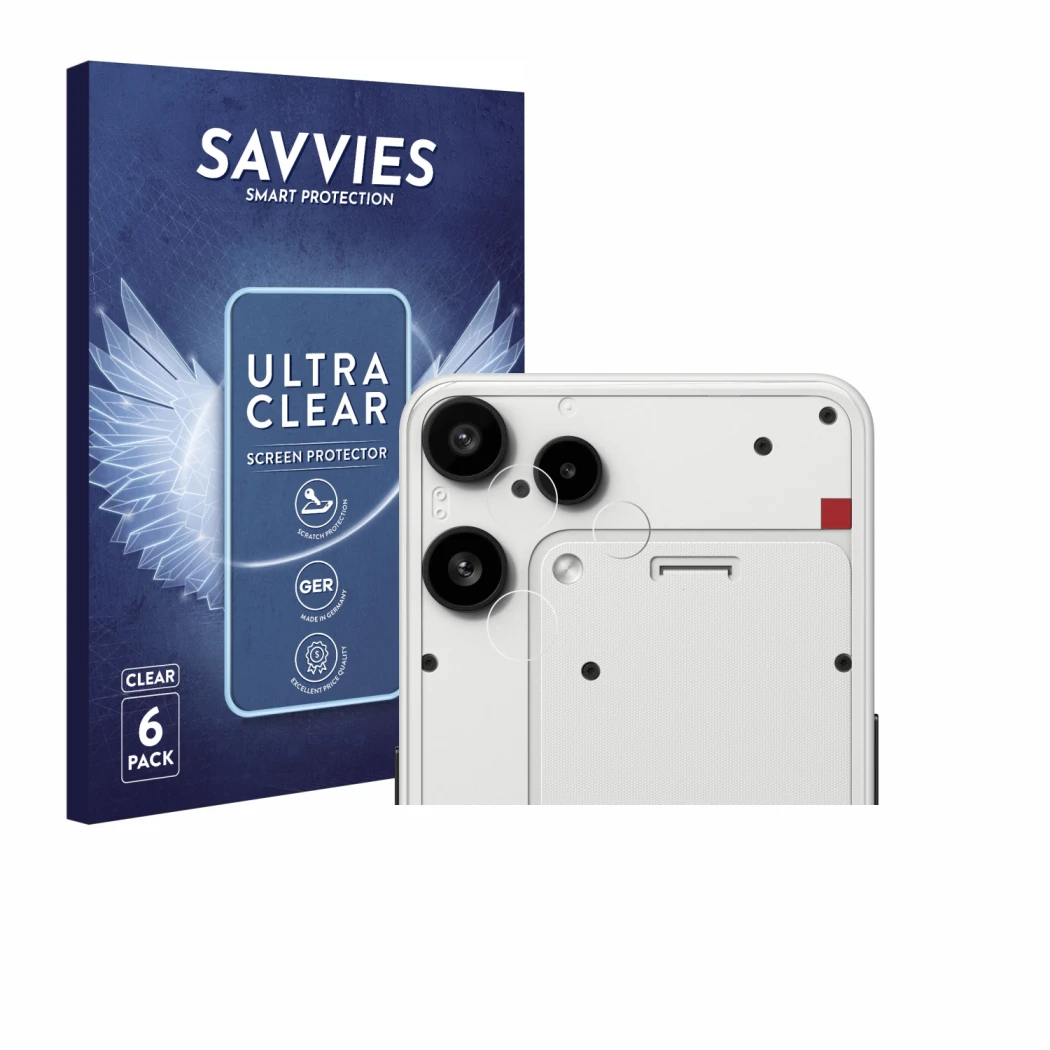 Parte frontale di una confezione del prodotto con il logo del marchio Savvies. Accanto è raffigurato il dispositivo Nothing Ph