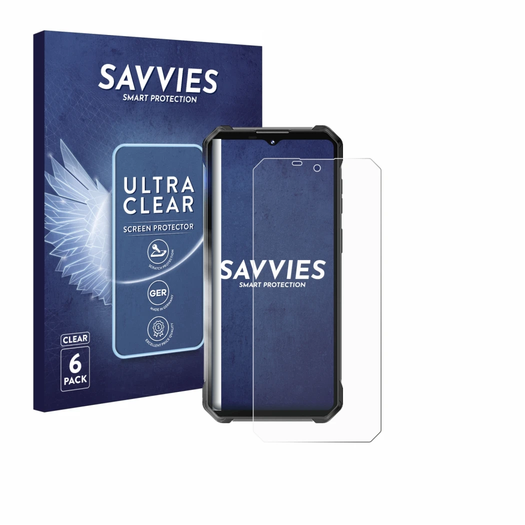 Parte frontale di una confezione del prodotto con il logo del marchio Savvies. Accanto è raffigurato il dispositivo Oukitel WP