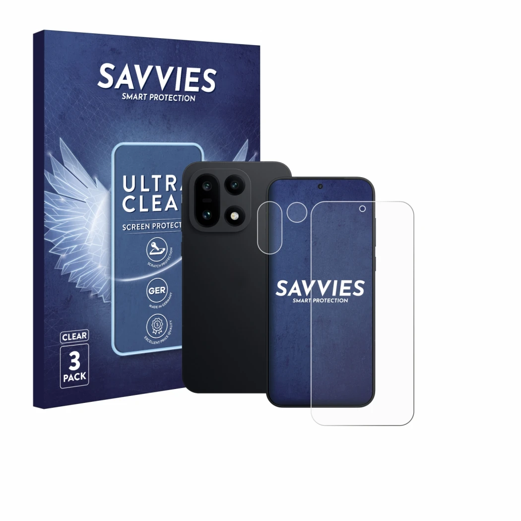 Parte frontale di una confezione del prodotto con il logo del marchio Savvies. Accanto è raffigurato il dispositivo OnePlus 15
