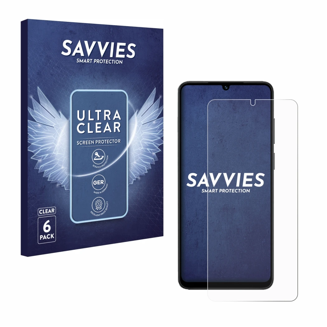 Parte frontale di una confezione del prodotto con il logo del marchio Savvies. Accanto è raffigurato il dispositivo Honor X5c 