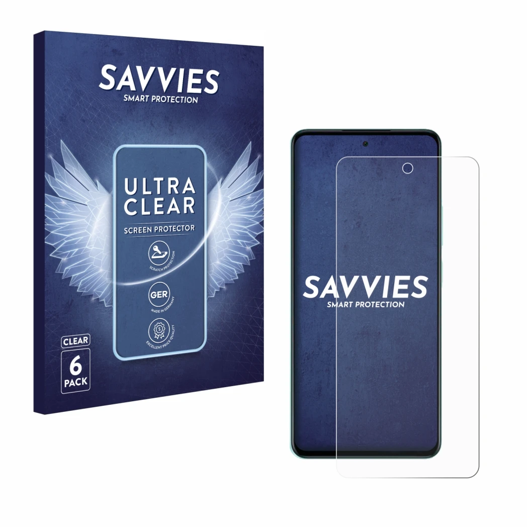 Parte frontale di una confezione del prodotto con il logo del marchio Savvies. Accanto è raffigurato il dispositivo Oppo A5 co