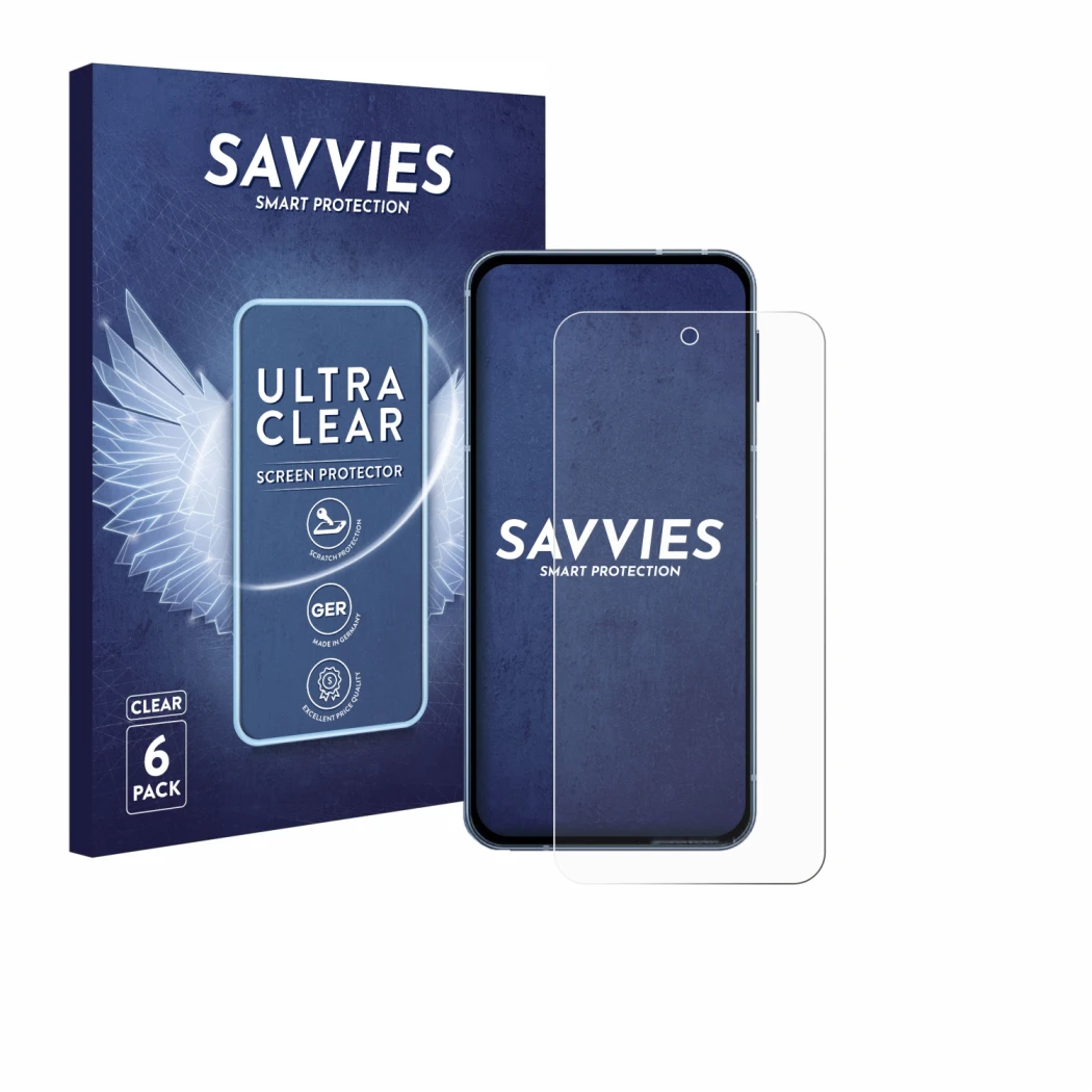 Parte frontale di una confezione del prodotto con il logo del marchio Savvies. Accanto è raffigurato il dispositivo Sharp Aquo