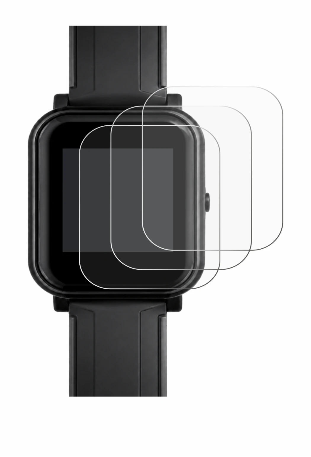 Immagine del dispositivo Bangle.js 2 con un'ampia varietà di protezioni per lo schermo.