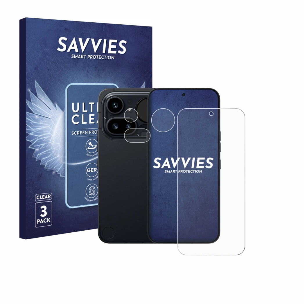 Parte frontale di una confezione del prodotto con il logo del marchio Savvies. Accanto è raffigurato il dispositivo Nothing Ph