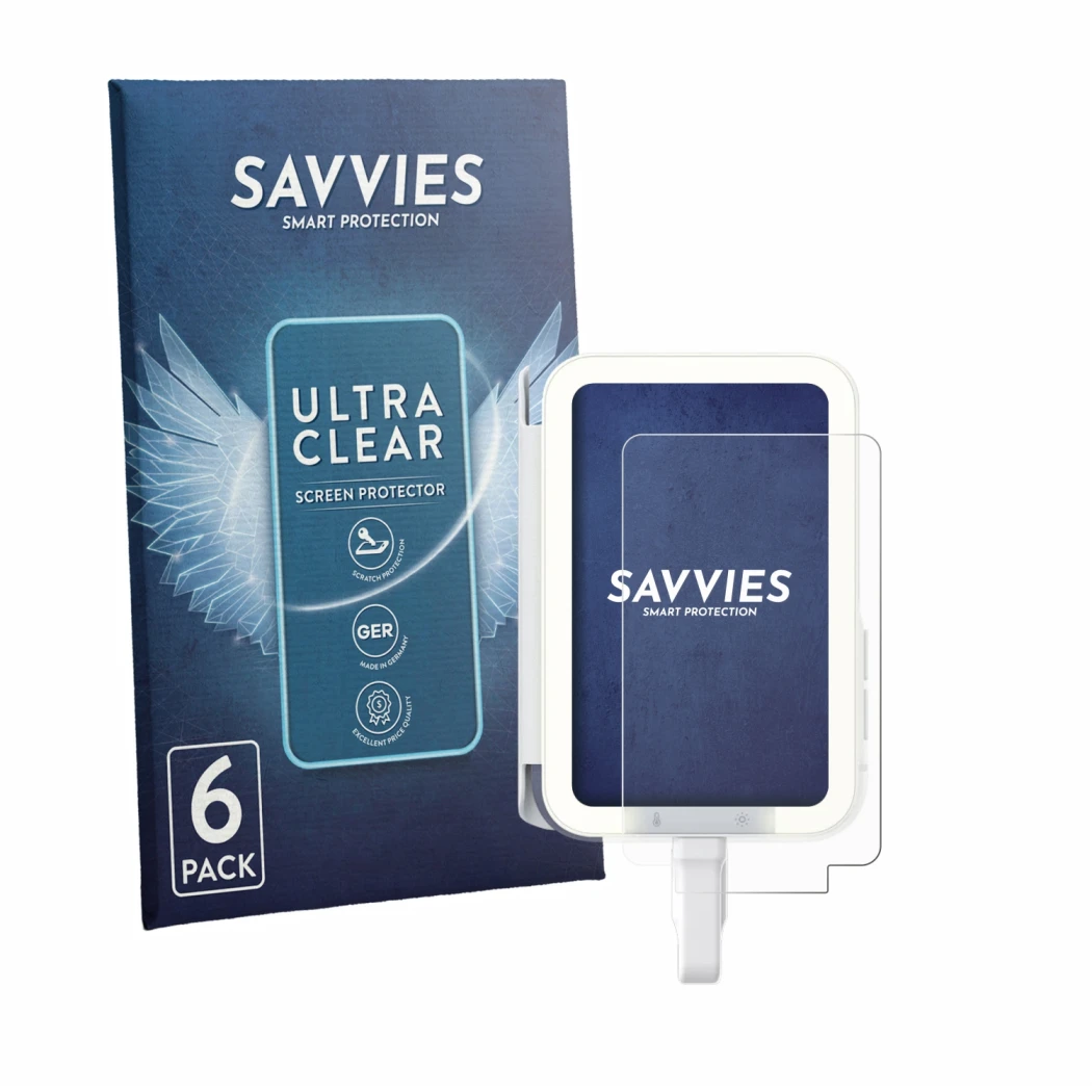 Parte frontale di una confezione del prodotto con il logo del marchio Savvies. Accanto è raffigurato il dispositivo Insta360 S