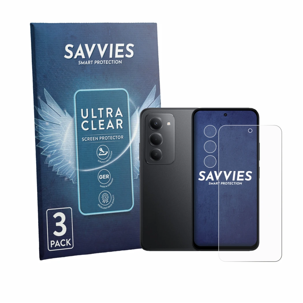 Parte frontale di una confezione del prodotto con il logo del marchio Savvies. Accanto è raffigurato il dispositivo Xiaomi Poc