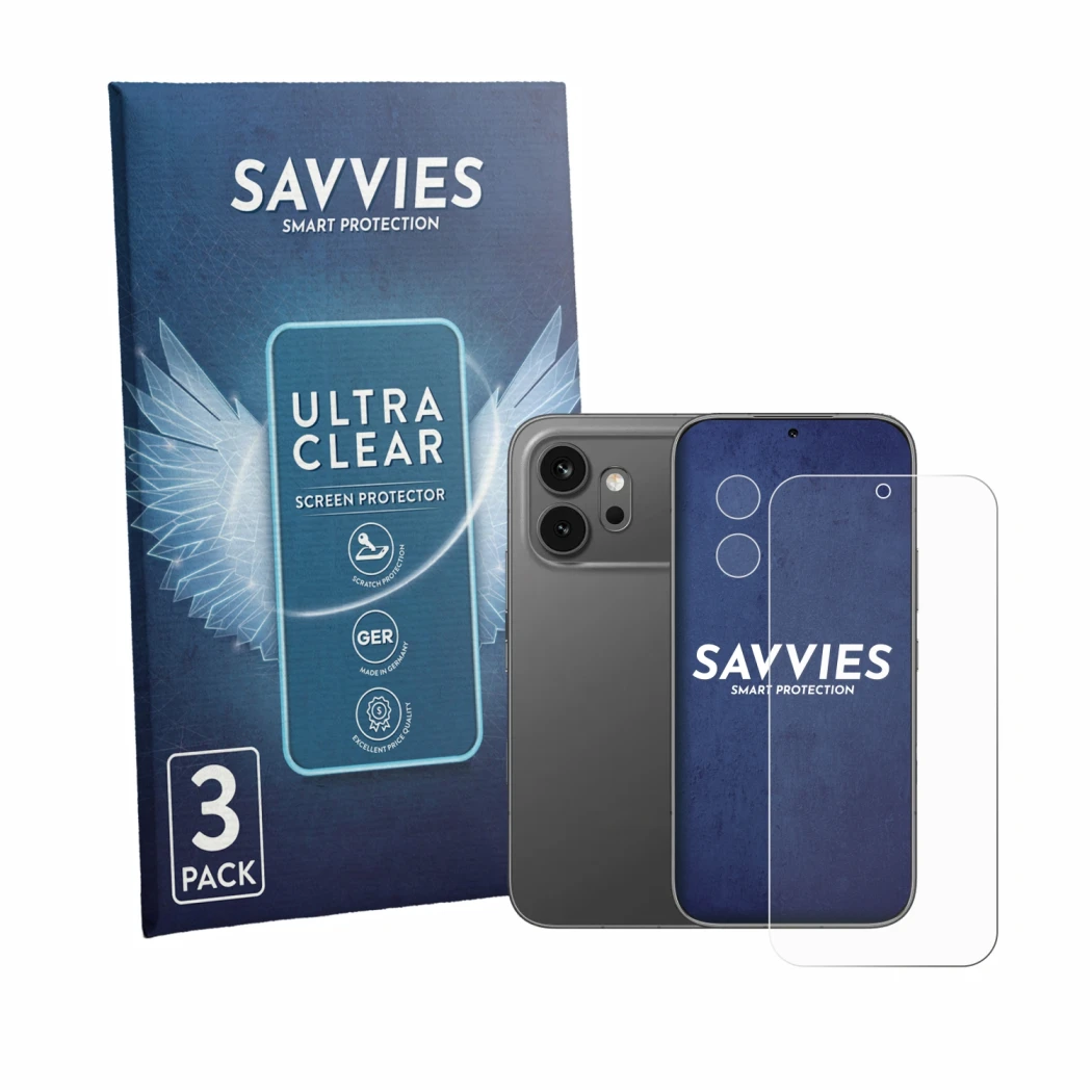 Parte frontale di una confezione del prodotto con il logo del marchio Savvies. Accanto è raffigurato il dispositivo Honor 600 