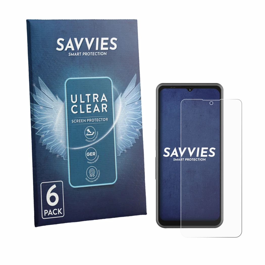 Parte frontale di una confezione del prodotto con il logo del marchio Savvies. Accanto è raffigurato il dispositivo Sonim XP P