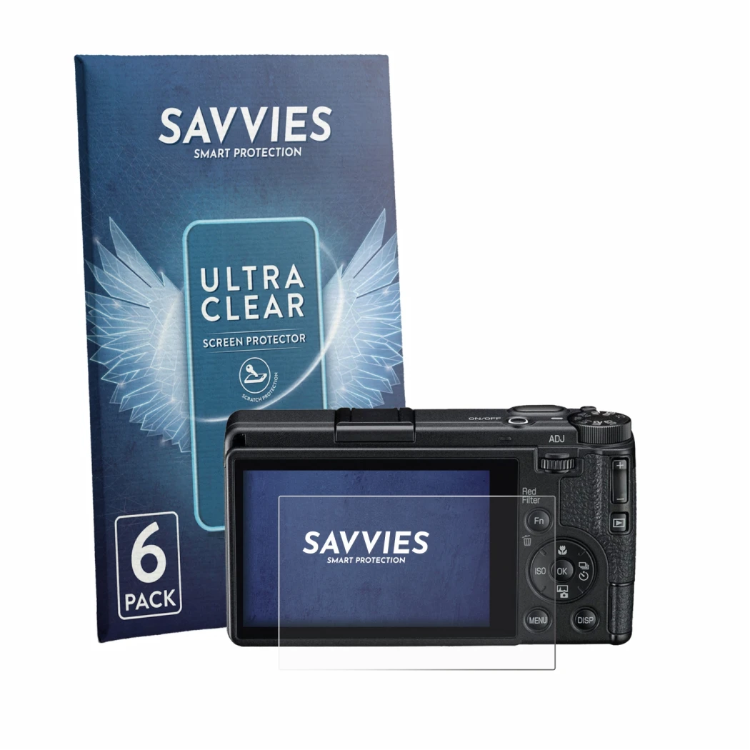 Parte frontale di una confezione del prodotto con il logo del marchio Savvies. Accanto è raffigurato il dispositivo Ricoh GR I