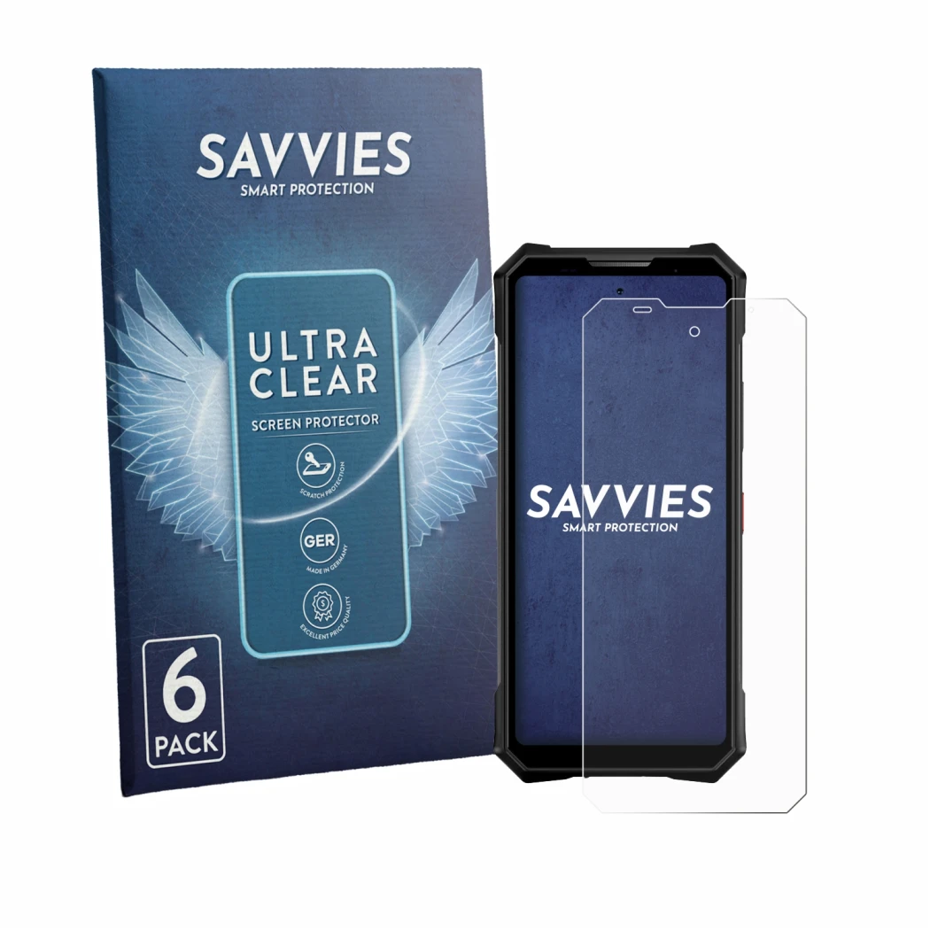 Parte frontale di una confezione del prodotto con il logo del marchio Savvies. Accanto è raffigurato il dispositivo Doogee V50
