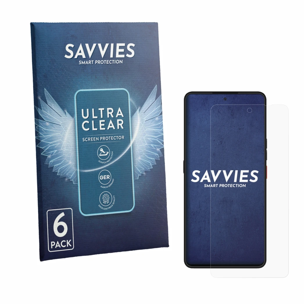 Parte frontale di una confezione del prodotto con il logo del marchio Savvies. Accanto è raffigurato il dispositivo Volla Phon