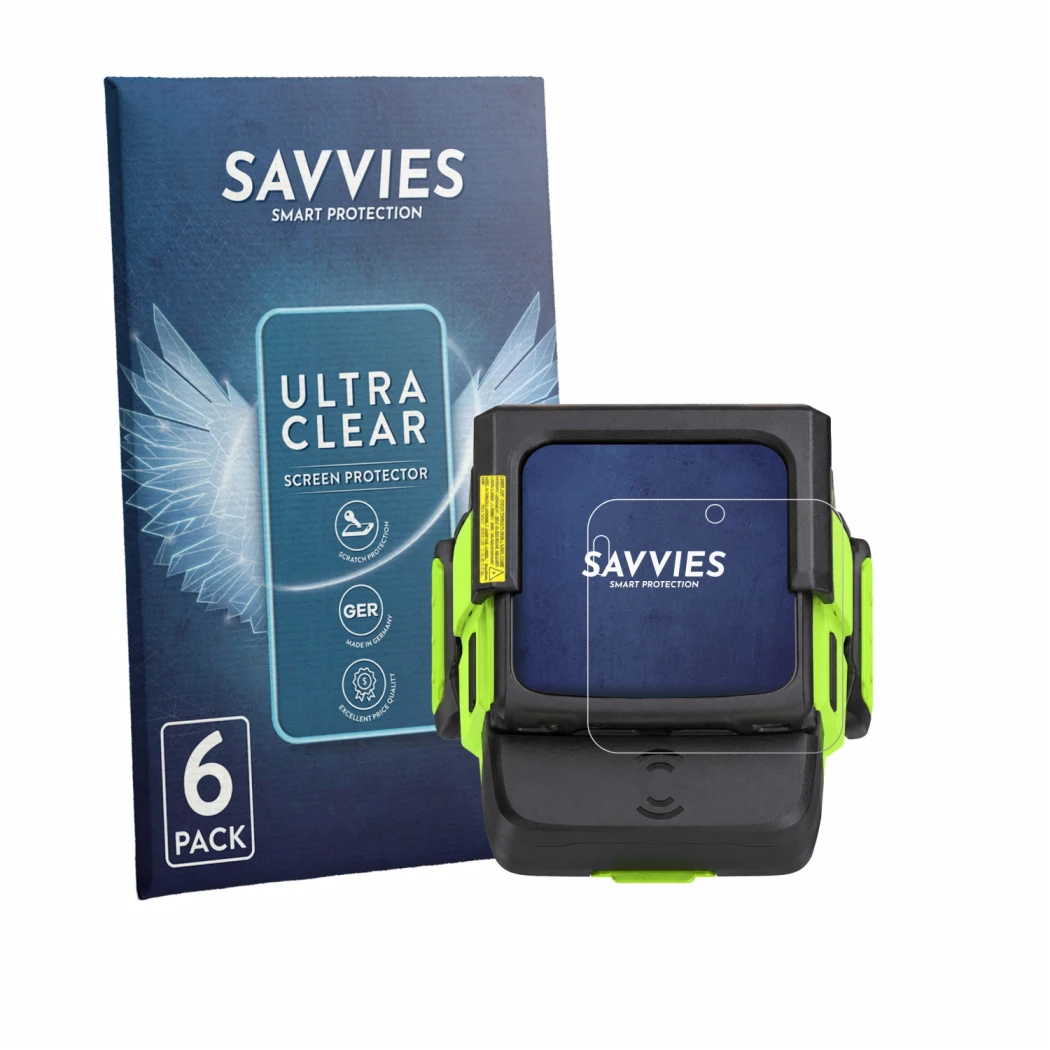 Parte frontale di una confezione del prodotto con il logo del marchio Savvies. Accanto è raffigurato il dispositivo Zebra WS50