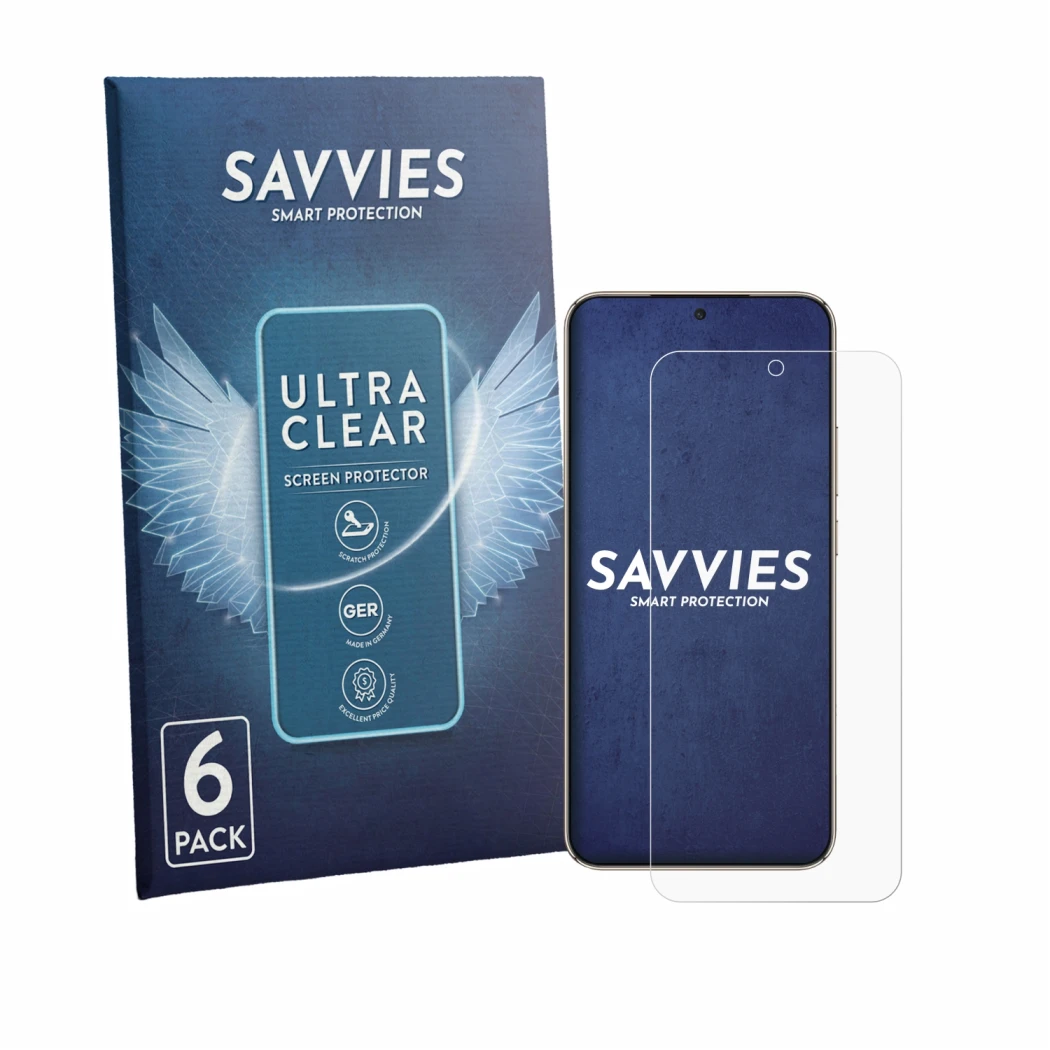 Parte frontale di una confezione del prodotto con il logo del marchio Savvies. Accanto è raffigurato il dispositivo Honor X 70