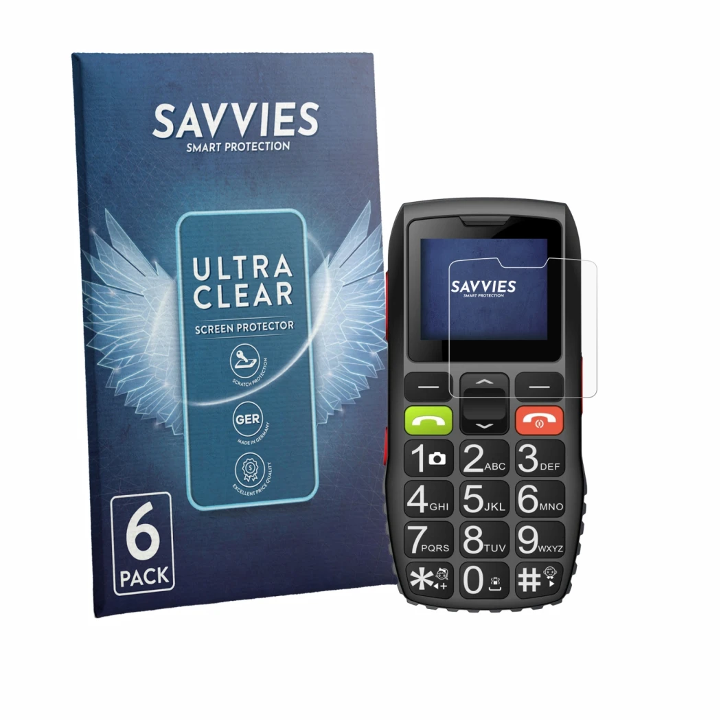 Parte frontale di una confezione del prodotto con il logo del marchio Savvies. Accanto è raffigurato il dispositivo artfone C1