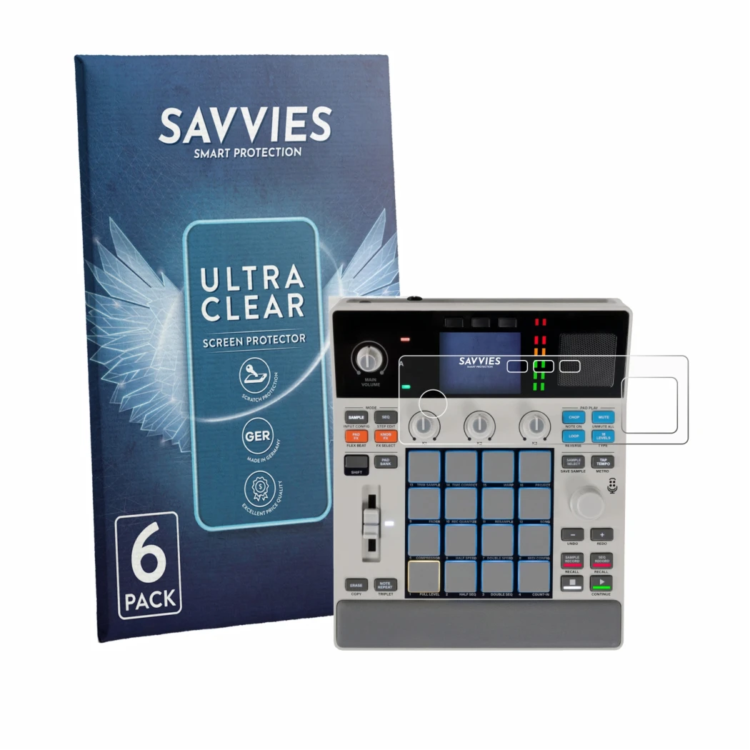 Parte frontale di una confezione del prodotto con il logo del marchio Savvies. Accanto è raffigurato il dispositivo Akai MPC S