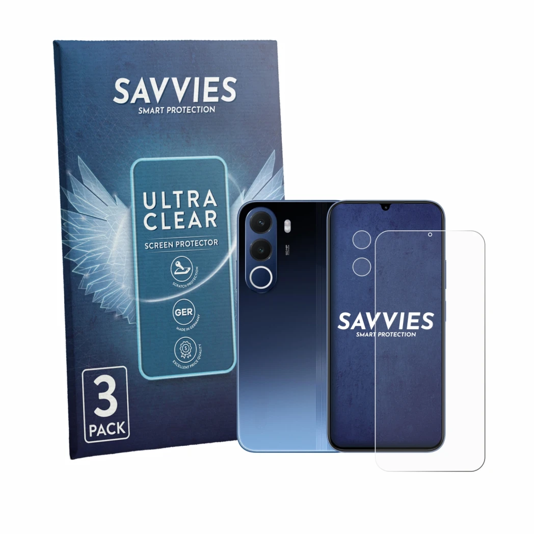 Parte frontale di una confezione del prodotto con il logo del marchio Savvies. Accanto è raffigurato il dispositivo realme C10