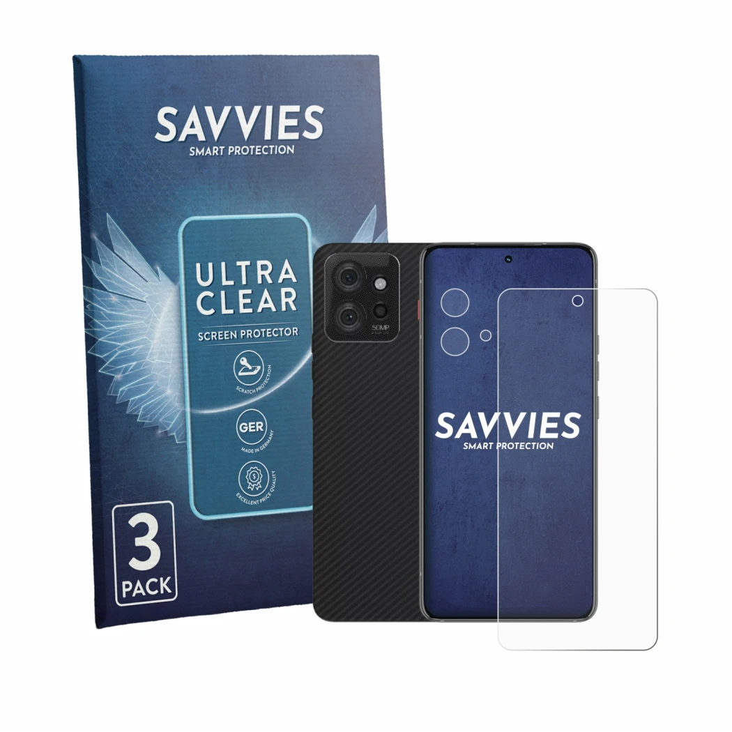 Parte frontale di una confezione del prodotto con il logo del marchio Savvies. Accanto è raffigurato il dispositivo Motorola T
