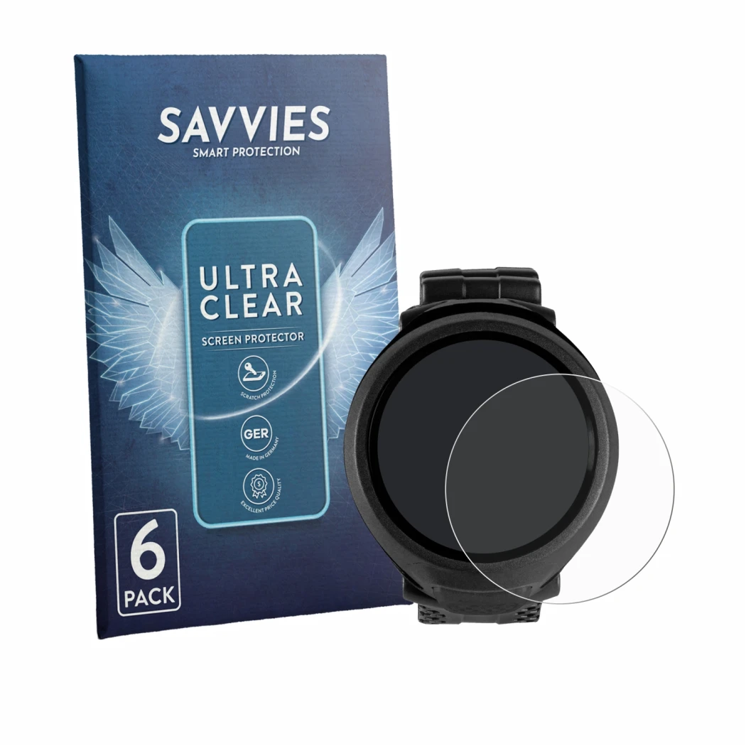 Parte frontale di una confezione del prodotto con il logo del marchio Savvies. Accanto è raffigurato il dispositivo Mares Puck