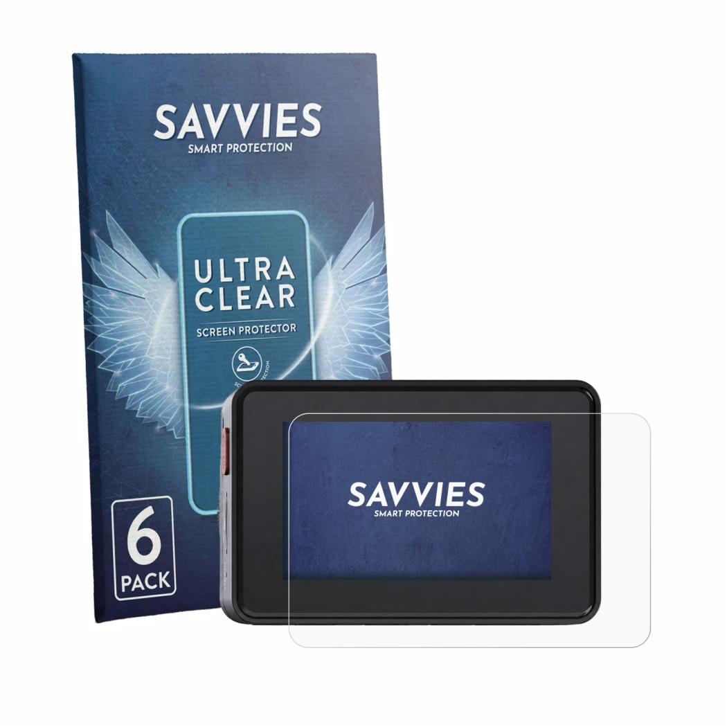 Parte frontale di una confezione del prodotto con il logo del marchio Savvies. Accanto è raffigurato il dispositivo Vantrue El