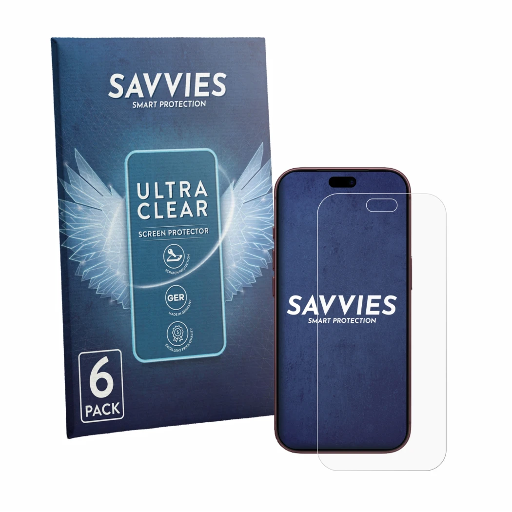 Parte frontale di una confezione del prodotto con il logo del marchio Savvies. Accanto è raffigurato il dispositivo Apple iPho