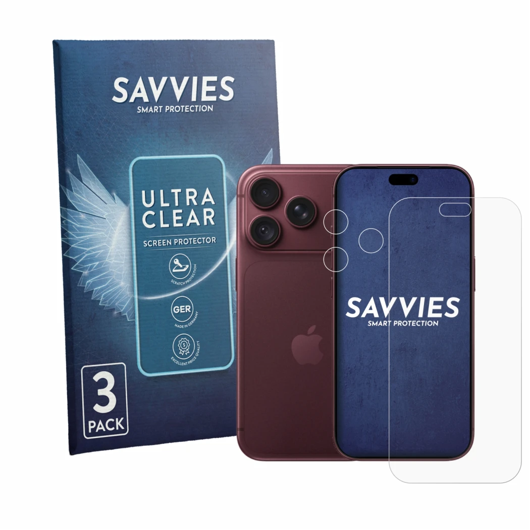 Parte frontale di una confezione del prodotto con il logo del marchio Savvies. Accanto è raffigurato il dispositivo Apple iPho