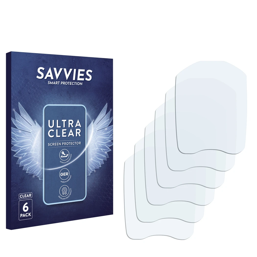 Parte frontale di una confezione del prodotto con il logo del marchio Savvies. Accanto si trova la protezione per lo schermo c